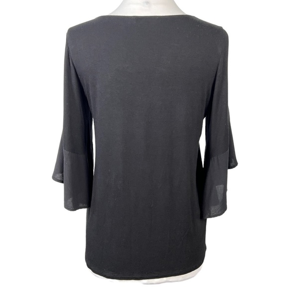 Anthropologie Pleione Mixed Media 3/4 Bell Sleeve Stretch Popover Blouse Shirt - Picture 2 of 5